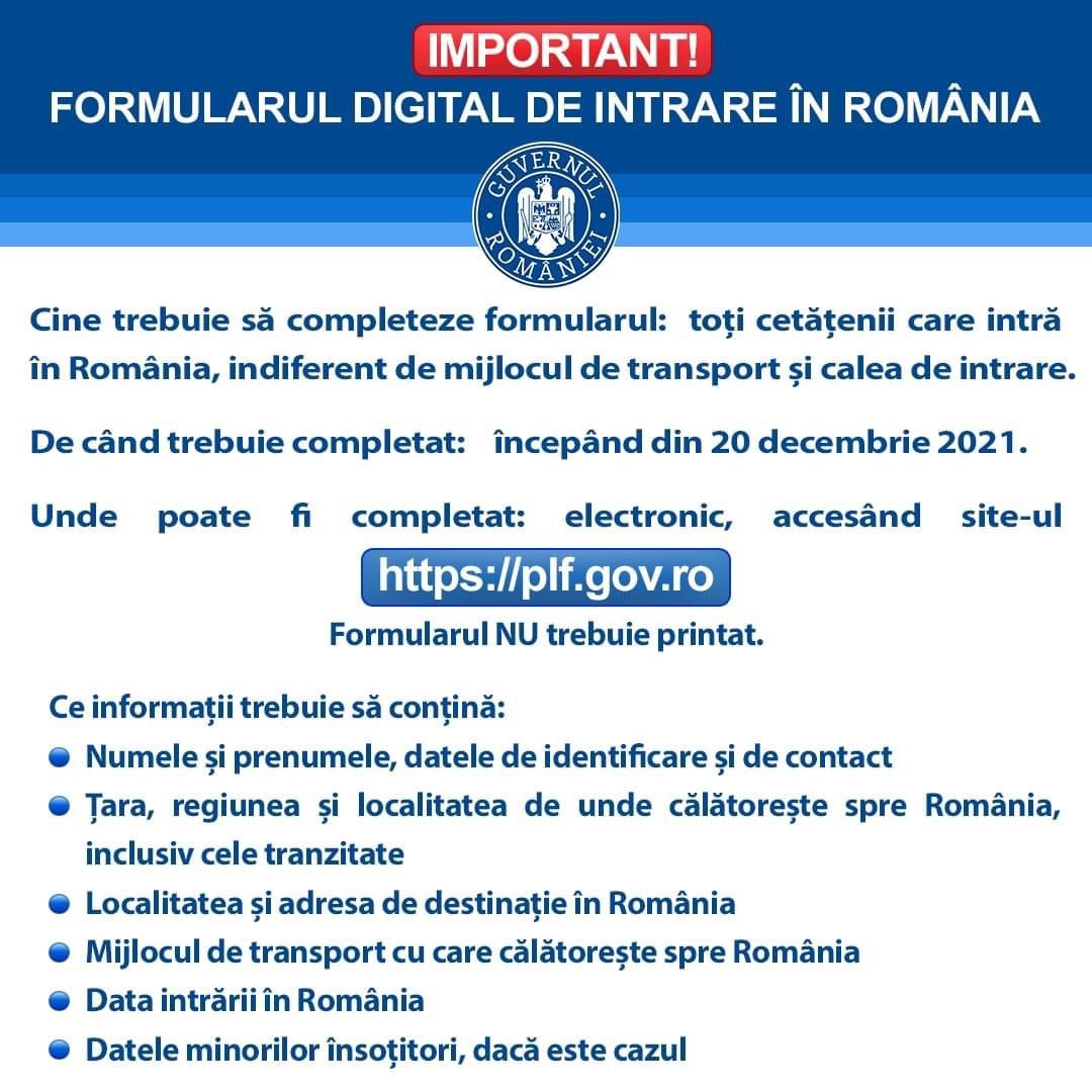 Formular digital intrare in Romania